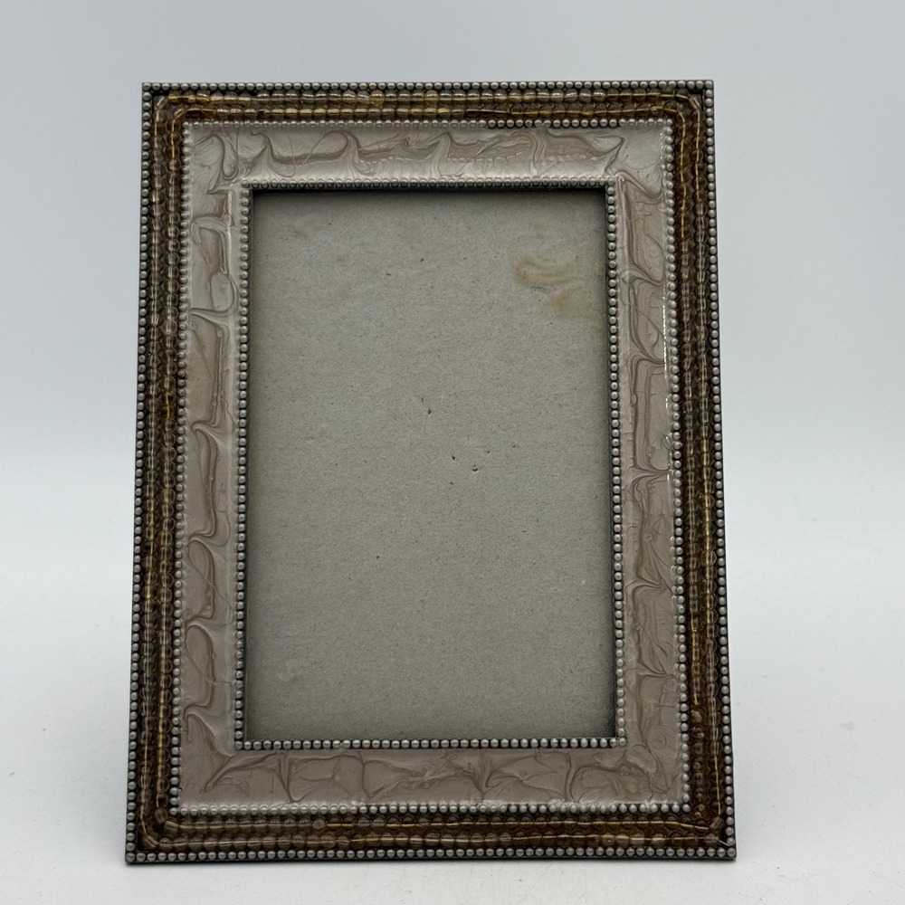 Beaded Enamel Picture Frame 4x6 Champagne Taupe Silver Tone Tabletop Decor